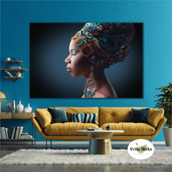 woman with red lipstick and scarf ethnic dress model woman african roll up canvas, stretched canvas art, framed wall art