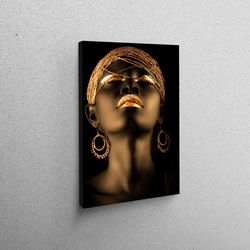 3d canvas, wall art canvas, canvas art, african gold woman art canvas, african gold lip wall art, gold lip canvas decor,