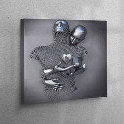 3d wall art, canvas decor, 3d canvas, metallic couple, 3d silver couple art, modern canvas decor, hugging couple printed