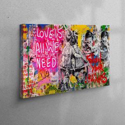 3d wall art, canvas gift, wall art, love is all we need, banksy wall art, love graffiti wall art, graffiti wall decor,