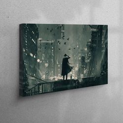 3d wall art, canvas home decor, living room wall art, he detective holding a gun to his head, gub poster, night landscap