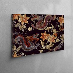 canvas print, canvas gift, wall art, flowers dragons wall decor, chinese dragon canvas gift, japanese pattern printed, d