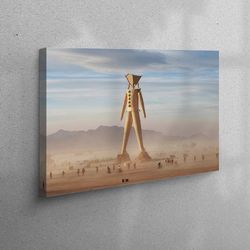canvas print, large canvas, living room wall art, burning man sculpture, burning man artwork, statue artwork, modern art