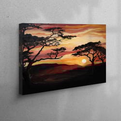 canvas wall art, canvas home decor, wall art canvas, savannah tree painting, african sunset poster, nature landscape can