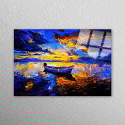 glass printing, tempered glass, glass, abstract sea painting, boat glass decor, sea wall decor, blue glass printing,
