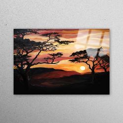 glass printing, tempered glass, wall decoration, savannah tree painting, view glass wall art, sunset landscape tempered