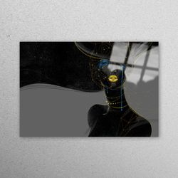 glass wall art, tempered glass, wall decoration, black woman with golden lips, gold glass printing, shimmery glass wall