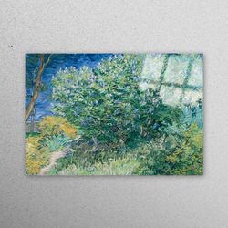 glass wall art, wall art, glass wall decor, lilac bush by van gogh, van gogh glass, nature landscape glass wall,