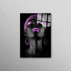 glass wall art, wall art, glass wall decor, purple lip wall art, black woman wall decor, abstract wall art, african woma