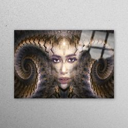 glass wall art, wall decor, tempered glass, abstract woman glass wall, horns woman wall art, surrealist tempered glass,