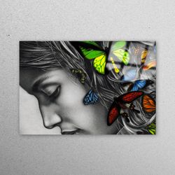 glass wall art, wall decor, wall art, girl wall decoration, woman and butterflies glass wall art, butterfly tempered gla