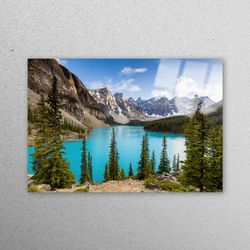 glass wall art, wall decoration, glass printing, moraine lake, lake landscape glass printing, nature landscape wall art,