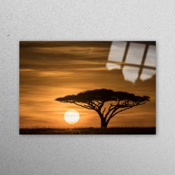 glass wall art, wall decoration, glass printing, serengeti sunrise landscape, tree landscape glass decor, nature landsca