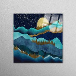 glass wall art, wall decoration, tempered glass, gold forest landscape, mountain wall art, view tempered glass, luxury g