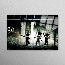 glass wall decor, glass art, glass wall art, banksy dancing tv, abstract wall decor, banksy dancing people glass decor,