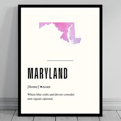funny maryland definition print maryland canvas minimalist state map watercolor state silhouette modern travel word