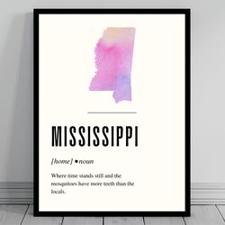 funny mississippi definition print mississippi canvas minimalist map watercolor state silhouette modern travel word
