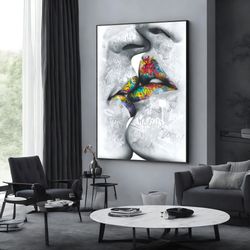 abstract kissing painting, kissing couple canvas, lips painting, kissing wall art, kissing canvas, romantic wall art, er