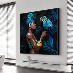 african woman and parrot canvas painting, ethnic woman canvas wall art, extra large wall art, wall art design, framed ca