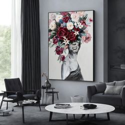 beauty with flowers woman canvas print, beauty woman poster, wall art canvas design, framed canvas ready to hang-1
