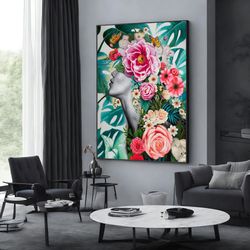 beauty with flowers woman canvas print, beauty woman poster, wall art canvas design, framed canvas ready to hang