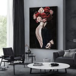 beauty with roses woman canvas print,beauty woman poster, wall art canvas design, framed canvas ready to hang