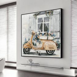 brown vintage vespa scooter window front motorcycle modern design home decor, extra large wall art design, framed canvas