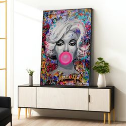 bubble gum woman canvas wall art, pop art wall art, graffiti art, banksy graffiti art, canvas street artwork, framed can