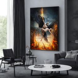 canvas battle between michael and lucifer, heaven canvas, hell canvas extra large wall art design, framed canvas ready t