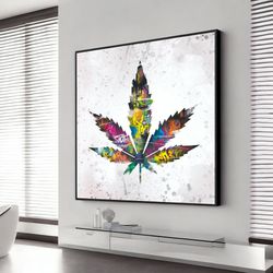 canvas print cbd cannabis leaf art print, colorful marijuana art, man cave decor, contemporary abstract modern art, larg