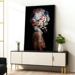 colorful flower head woman print, colorful flower head woman canvas painting,colorful flower girl head wall art,framed c