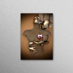glass, glass wall art, glass art, metallic couple with heart, metallic couple glass wall, abstract glass wall art, silve