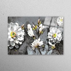 glass, glass wall art, wall decor, botanical glass wall, white flowers glass wall art, floral wall decor, abstract tempe