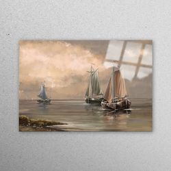 glass, wall art, glass printing, sea wall decor, oil painting print, landscape glass printing, old boat wall decor