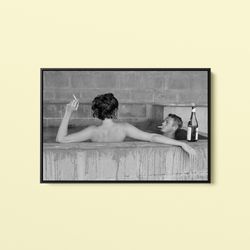 steve mcqueen with wife champagne bath canvas wall art , american actors poster, home decor framed art ready to hang