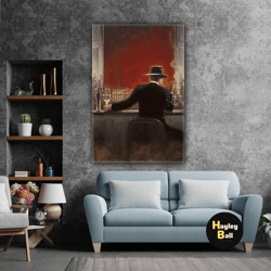 man with his back turned hat drinking in bar with oil painting effect roll up canvas, stretched canvas art, framed wall