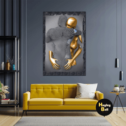 metal wall art, lover wall art, gold detailed wall art, modern wall decor, roll up canvas, stretched canvas art, framed