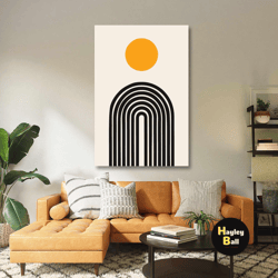 mid century wall art, yellow round canvas art, line art, minimal wall decor, roll up canvas, stretched canvas art, frame