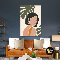 minimal wall art, woman wall art, big green leaf canvas art, boho wall decor, roll up canvas, stretched canvas art, fram
