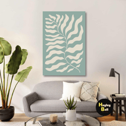 mint green leaf wall art, minimal canvas art, boho wall decor, roll up canvas, stretched canvas art, framed wall art pai