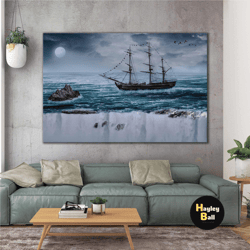 misty sea sailboat pirate ship rising moon view roll up canvas, stretched canvas art, framed wall art painting