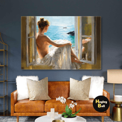 Model In White Dress Sitting Window Seascape Roll Up Canvas, Stretched Canvas Art, Framed Wall Art Painting