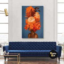 model with burgundy lipstick and orange flowers on her head roll up canvas, stretched canvas art, framed wall art painti
