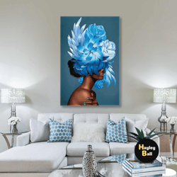 model with green nail polish and blue flowers on her head roll up canvas, stretched canvas art, framed wall art painting