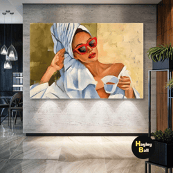model with red glasses and red lipstick drinking coffee roll up canvas, stretched canvas art, framed wall art painting-1
