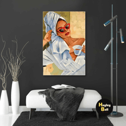 model with red glasses and red lipstick drinking coffee roll up canvas, stretched canvas art, framed wall art painting