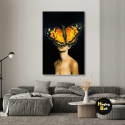 model with red lipstick and yellow butterflies on her face roll up canvas, stretched canvas art, framed wall art paintin