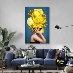model with red lipstick and yellow flowers on her head roll up canvas, stretched canvas art, framed wall art painting