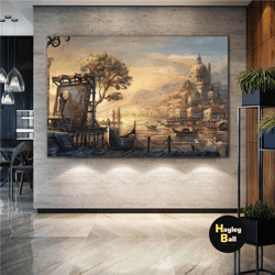 modern city life oil painting effect city painter ship dock landscape roll up canvas, stretched canvas art, framed wall