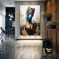 naked woman wall art, sexy woman canvas art, bird feather wall decor, roll up canvas, stretched canvas art, framed wall